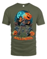 Halloween Pumpkin Head Graveyard Scary Graphic T-Shirt - military green t-shirt on white background