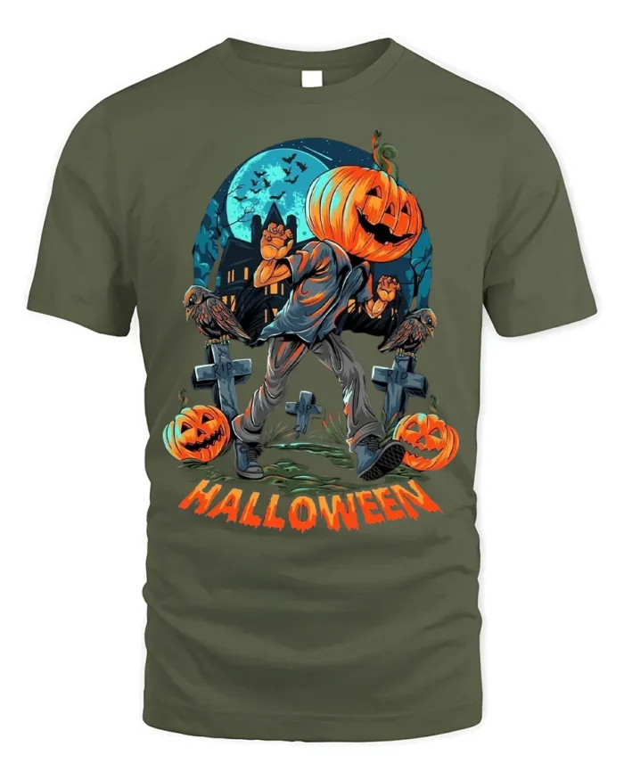 Halloween Pumpkin Head Graveyard Scary Graphic T-Shirt - military green t-shirt on white background