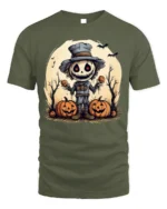 Halloween Scarecrow Pumpkin Creepy Spooky Graphic T-Shirt - military green t-shirt on white background