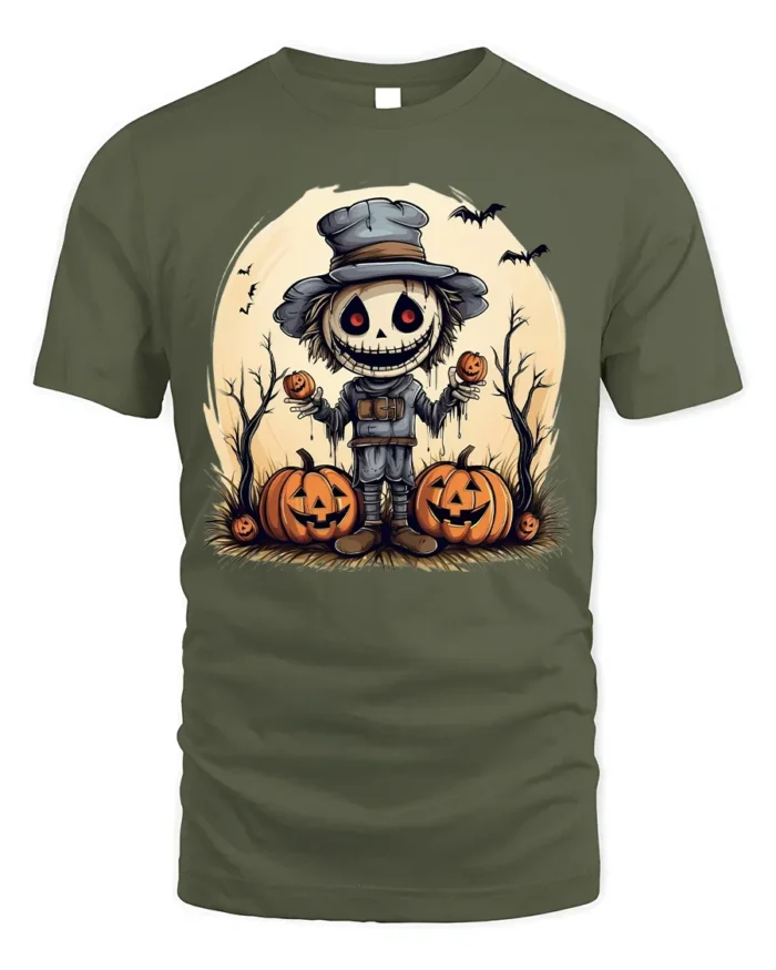 Halloween Scarecrow Pumpkin Creepy Spooky Graphic T-Shirt - military green t-shirt on white background