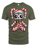 Candy Cane Skeleton Doll Creepy Holiday Graphic T-Shirt - military green t-shirt on white background