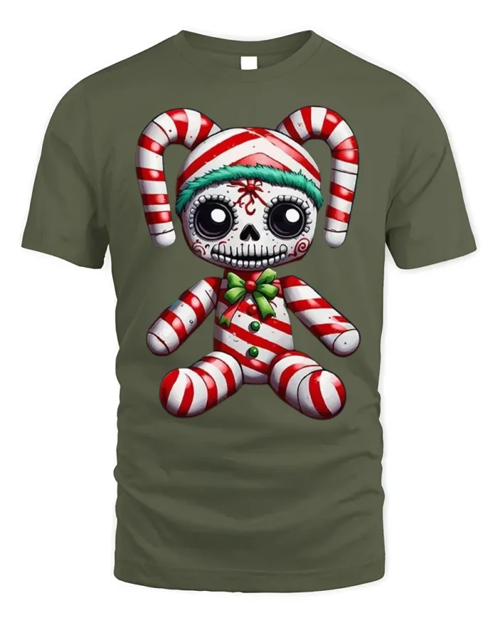 Candy Cane Skeleton Doll Creepy Holiday Graphic T-Shirt - military green t-shirt on white background