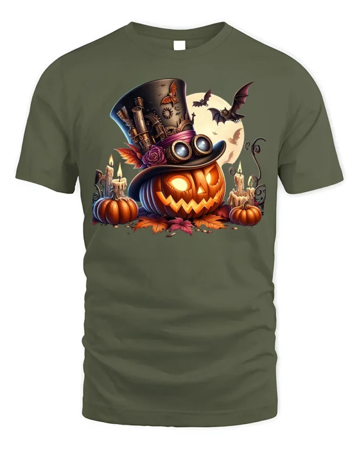 Halloween Steampunk Pumpkin Top Hat Graphic T-Shirt - military green t-shirt on white background