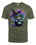 Halloween Colorful Witch Cat Cauldron Magic T-Shirt - military green t-shirt on white background
