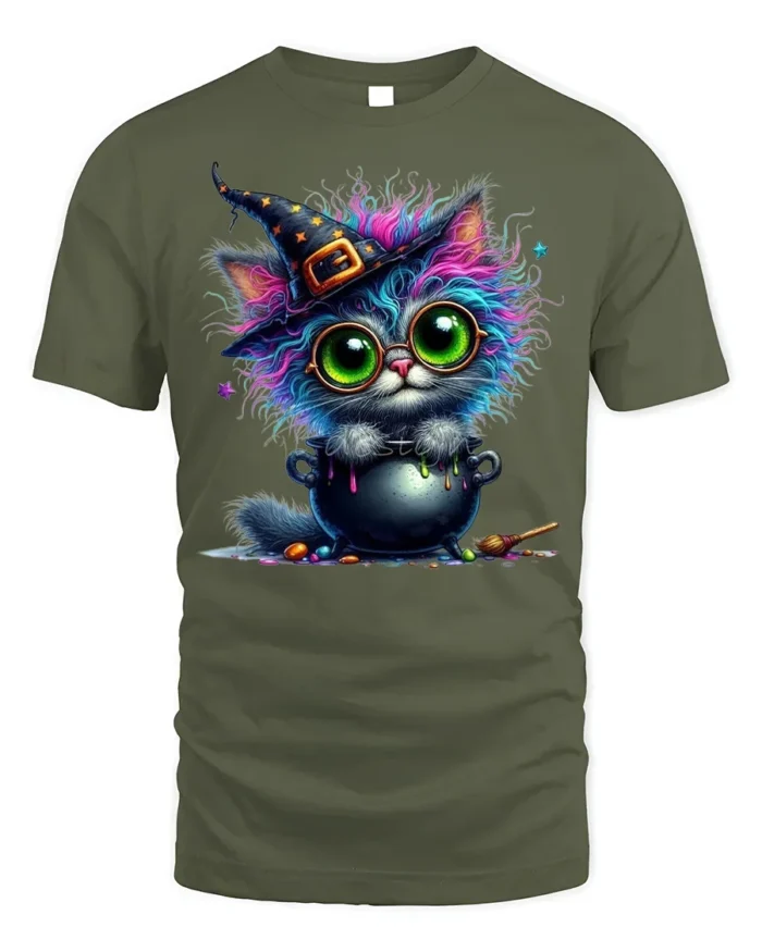 Halloween Colorful Witch Cat Cauldron Magic T-Shirt - military green t-shirt on white background