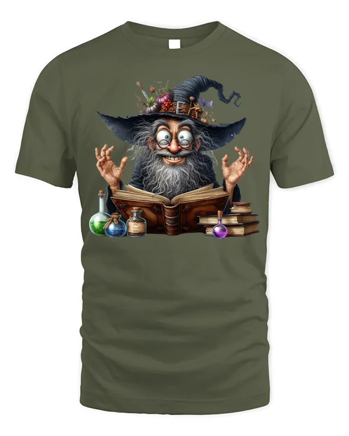 Halloween Wizard Magic Potion Spell Book T-Shirt - military green t-shirt on white background