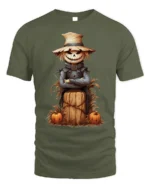 Halloween Scarecrow Pumpkin Haystack Graphic T-Shirt - military green t-shirt on white background