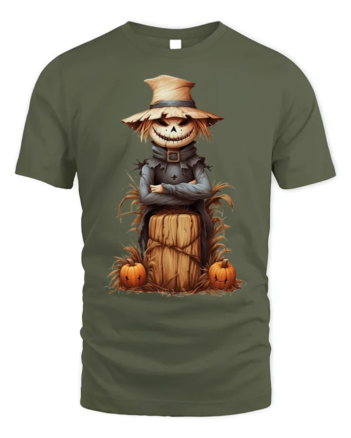 Halloween Scarecrow Pumpkin Haystack Graphic T-Shirt - military green t-shirt on white background