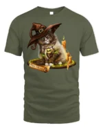 Halloween Witch Cat Candle Magic Graphic T-Shirt - military green t-shirt on white background