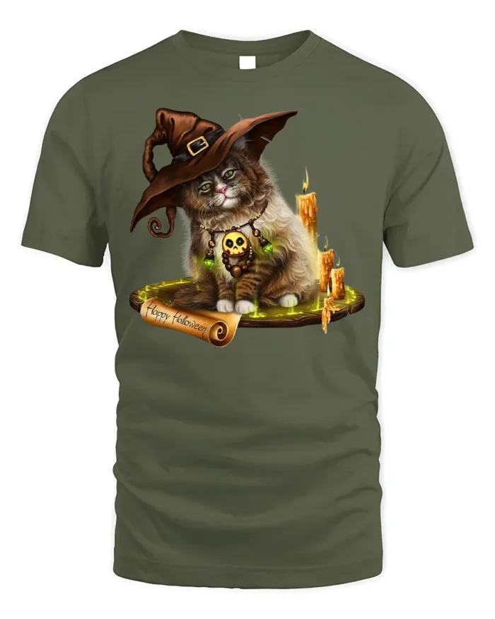 Halloween Witch Cat Candle Magic Graphic T-Shirt - military green t-shirt on white background