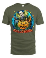 Halloween Pumpkin Head Skeleton Spooky Graphic T-Shirt - military green t-shirt on white background