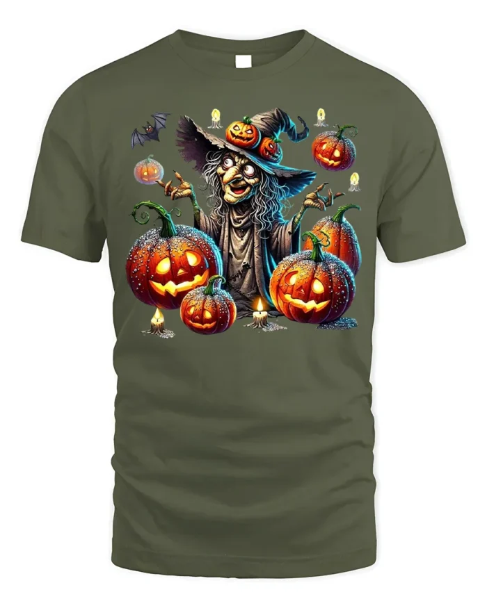 Halloween Witch Pumpkin Lantern Scary Graphic T-Shirt - military green t-shirt on white background