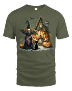 Halloween Witch Pumpkin House Black Cat Graphic T-Shirt - military green t-shirt on white background