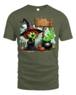 Halloween Green Witch Cauldron Potion Graphic T-Shirt - military green t-shirt on white background