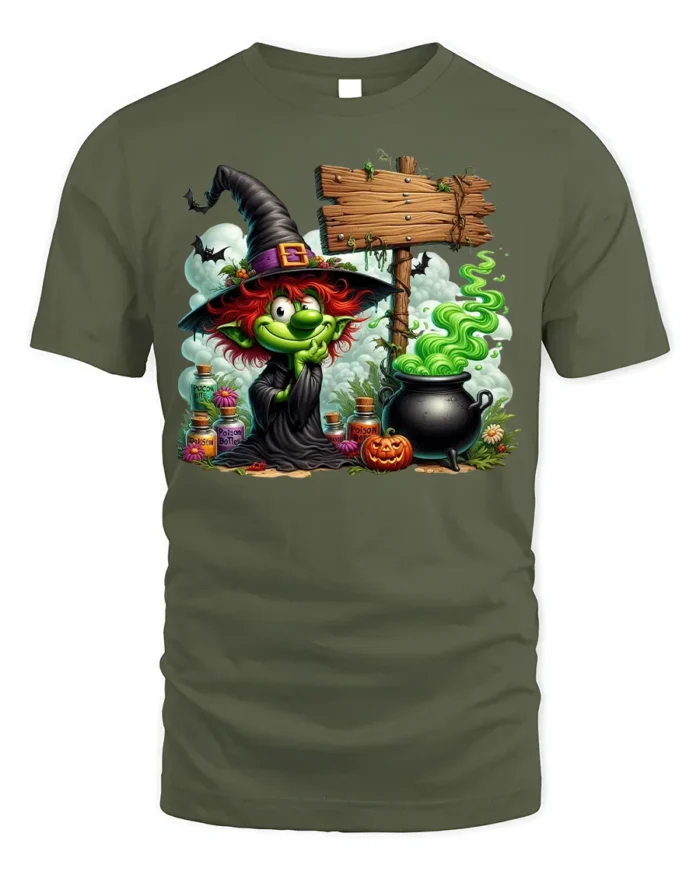 Halloween Green Witch Cauldron Potion Graphic T-Shirt - military green t-shirt on white background