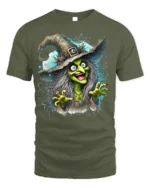 Halloween Scary Green Witch Creepy Graphic T-Shirt - military green t-shirt on white background