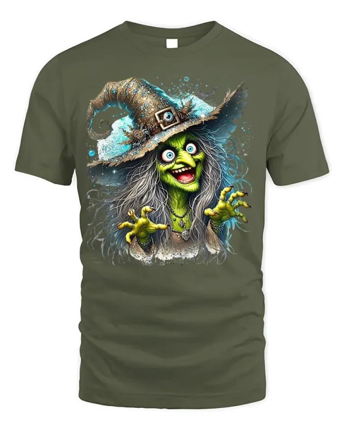 Halloween Scary Green Witch Creepy Graphic T-Shirt - military green t-shirt on white background