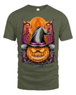Halloween Pumpkin Witch Hat Creepy Graphic T-Shirt - military green t-shirt on white background