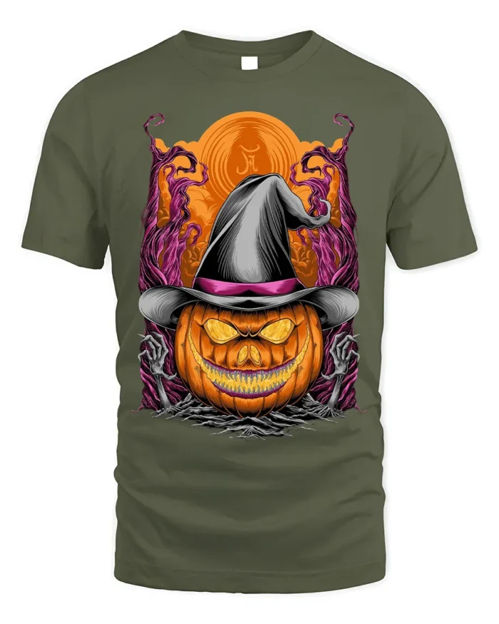 Halloween Pumpkin Witch Hat Creepy Graphic T-Shirt - military green t-shirt on white background