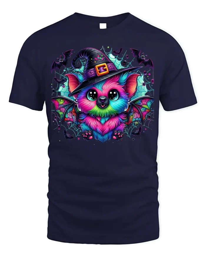 Cute Neon Bat Halloween Witch Hat Graphic T-Shirt - navy t-shirt on white background