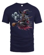 Halloween Skeleton Witch Ghost Flying Graphic T-Shirt - navy t-shirt on white background