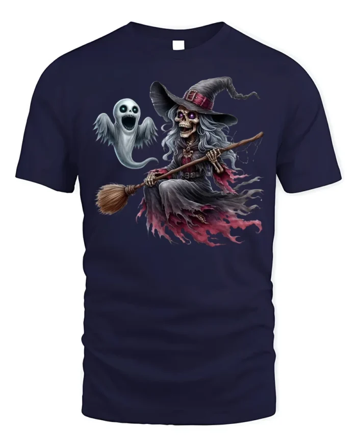 Halloween Skeleton Witch Ghost Flying Graphic T-Shirt - navy t-shirt on white background
