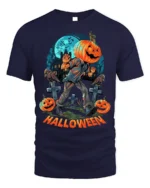 Halloween Pumpkin Head Graveyard Scary Graphic T-Shirt - navy t-shirt on white background
