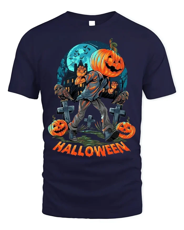 Halloween Pumpkin Head Graveyard Scary Graphic T-Shirt - navy t-shirt on white background