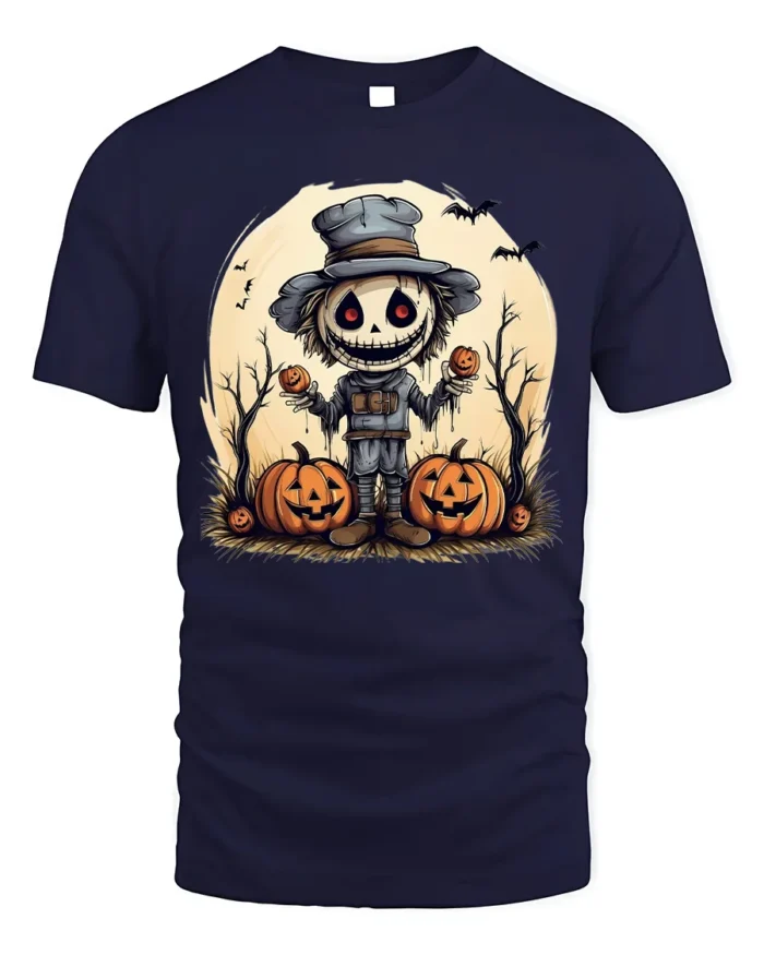 Halloween Scarecrow Pumpkin Creepy Spooky Graphic T-Shirt - navy t-shirt on white background