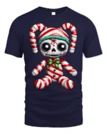 Candy Cane Skeleton Doll Creepy Holiday Graphic T-Shirt - navy t-shirt on white background