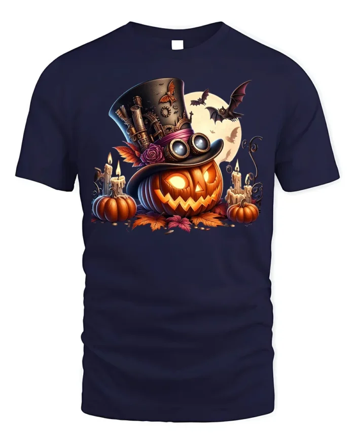 Halloween Steampunk Pumpkin Top Hat Graphic T-Shirt - navy t-shirt on white background