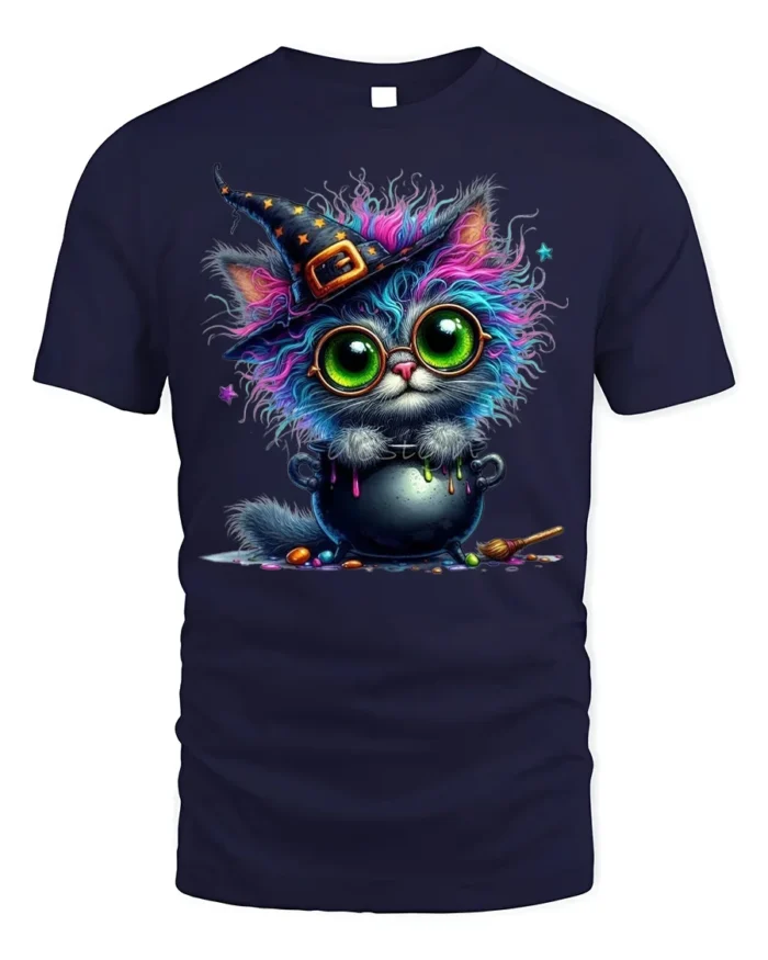 Halloween Colorful Witch Cat Cauldron Magic T-Shirt - navy t-shirt on white background