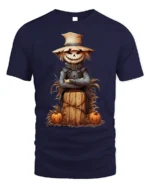 Halloween Scarecrow Pumpkin Haystack Graphic T-Shirt - navy t-shirt on white background