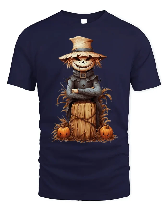Halloween Scarecrow Pumpkin Haystack Graphic T-Shirt - navy t-shirt on white background