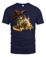 Halloween Witch Cat Candle Magic Graphic T-Shirt - navy t-shirt on white background