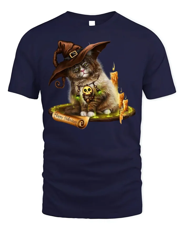 Halloween Witch Cat Candle Magic Graphic T-Shirt - navy t-shirt on white background