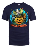 Halloween Pumpkin Head Skeleton Spooky Graphic T-Shirt - navy t-shirt on white background