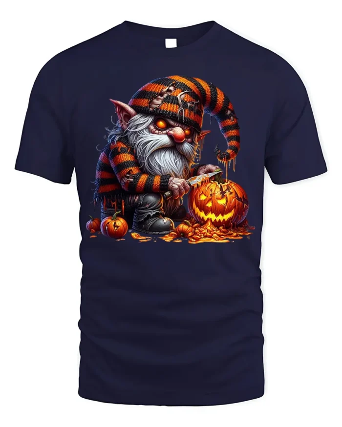 Halloween Gnome Pumpkin Carving Scary Graphic T-Shirt - navy t-shirt on white background