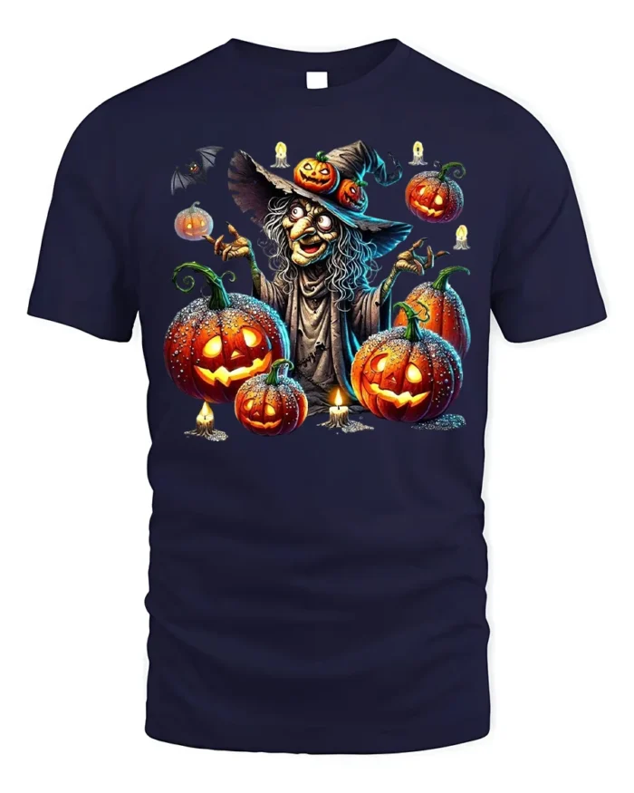 Halloween Witch Pumpkin Lantern Scary Graphic T-Shirt - navy t-shirt on white background
