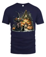 Halloween Witch Pumpkin House Black Cat Graphic T-Shirt - navy t-shirt on white background