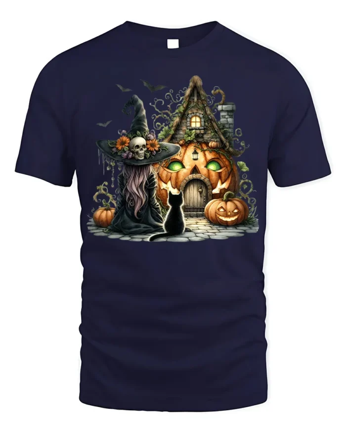 Halloween Witch Pumpkin House Black Cat Graphic T-Shirt - navy t-shirt on white background