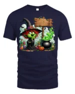 Halloween Green Witch Cauldron Potion Graphic T-Shirt - navy t-shirt on white background