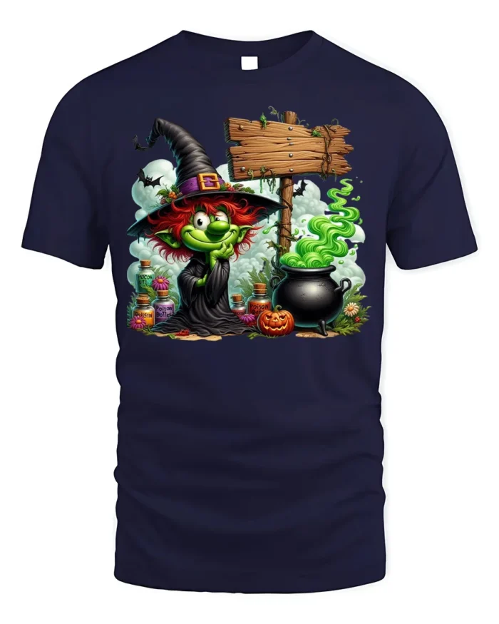 Halloween Green Witch Cauldron Potion Graphic T-Shirt - navy t-shirt on white background