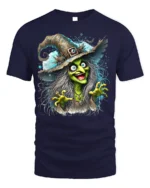 Halloween Scary Green Witch Creepy Graphic T-Shirt - navy t-shirt on white background