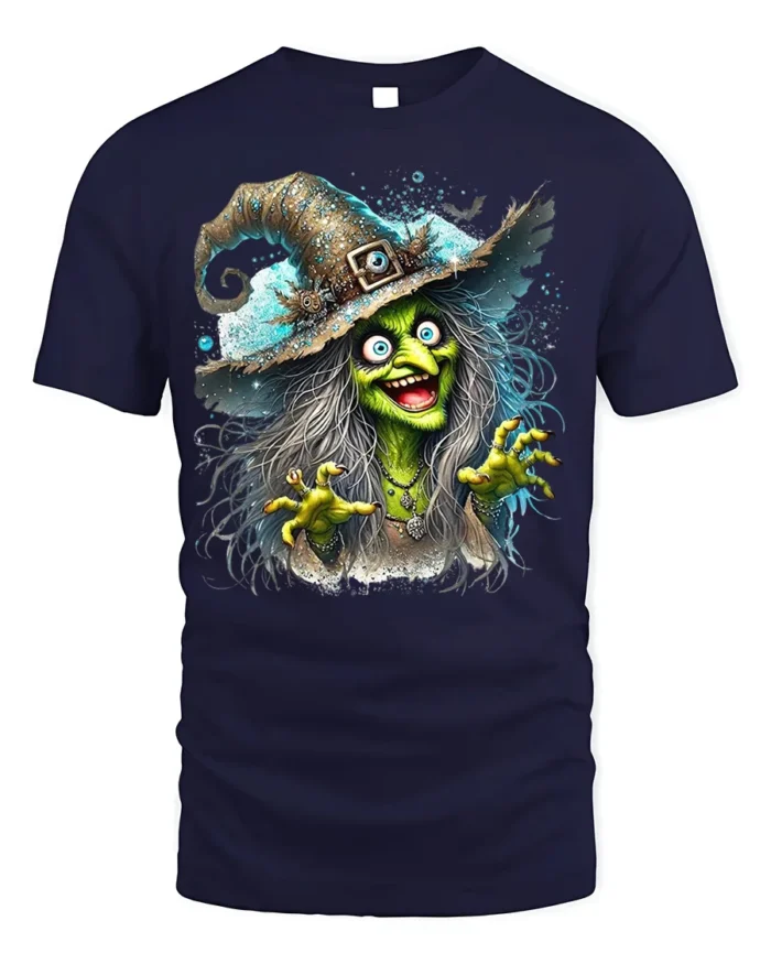 Halloween Scary Green Witch Creepy Graphic T-Shirt - navy t-shirt on white background