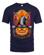 Halloween Pumpkin Witch Hat Creepy Graphic T-Shirt - navy t-shirt on white background