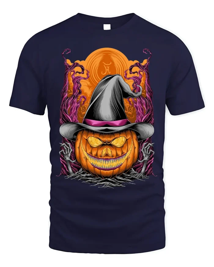 Halloween Pumpkin Witch Hat Creepy Graphic T-Shirt - navy t-shirt on white background