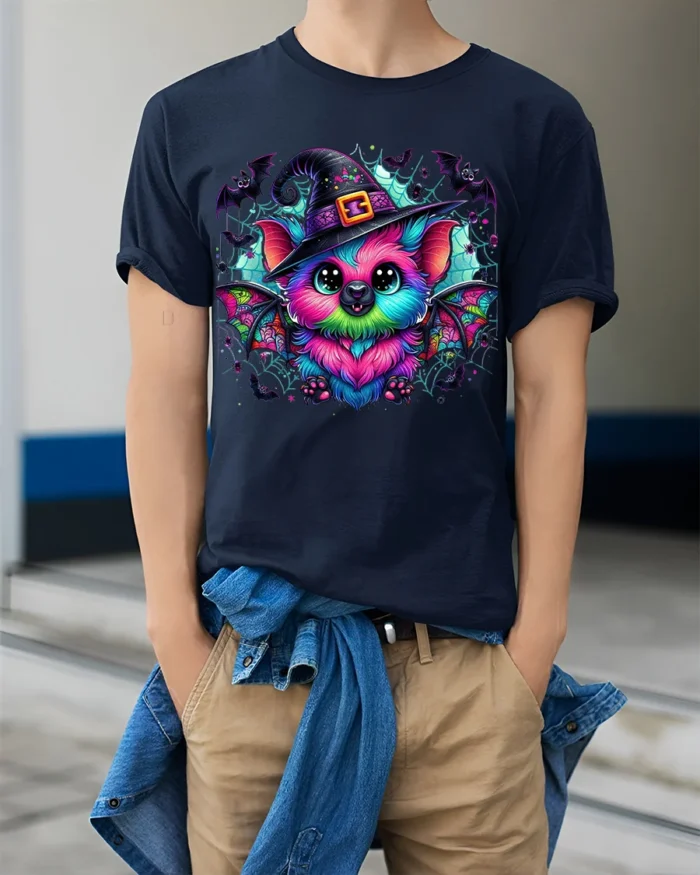 Cute Neon Bat Halloween Witch Hat Graphic T-Shirt - model wearing navy shirt, hands in pockets