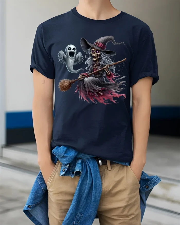 Halloween Skeleton Witch Ghost Flying Graphic T-Shirt - model wearing navy shirt, hands in pockets