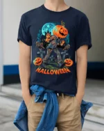 Halloween Pumpkin Head Graveyard Scary Graphic T-Shirt - model wearing navy shirt, hands in pockets